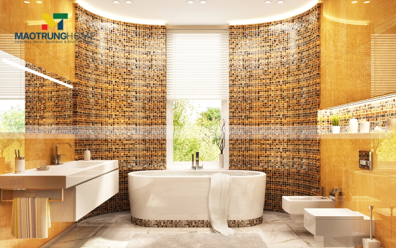 Nhà vệ sinh ốp gạch nhiều màu tạo hiệu ứng tường cong lạ mắt