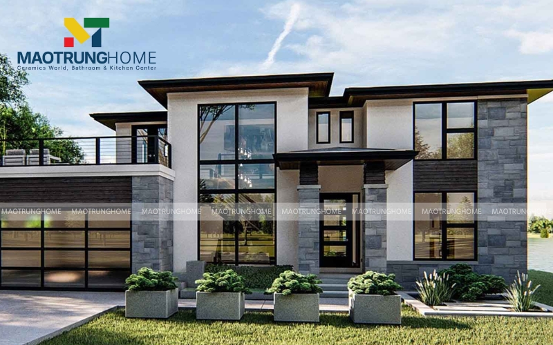 Gạch ốp mặt tiền màu nâu kết hợp trắng 