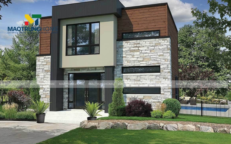 Gạch ốp mặt tiền giả đá kết hợp giả gỗ độc đáo 