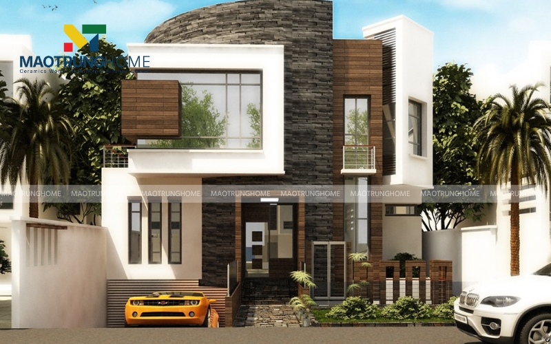 Gạch ốp mặt tiền giả đá kết hợp tường màu sáng