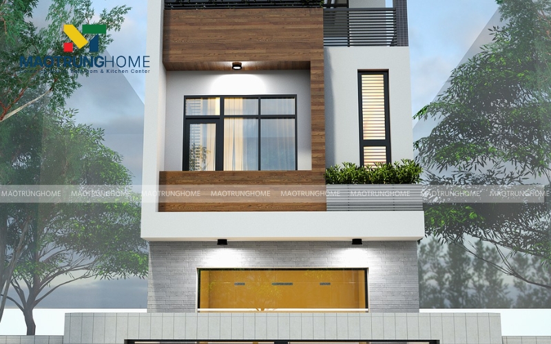 Gạch ốp mặt tiền giả gỗ kết hợp tường trắng hiện đại