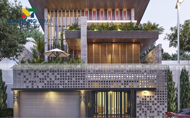 Gạch ốp mặt tiền giả đá kết hợp tường gạch độc đáo