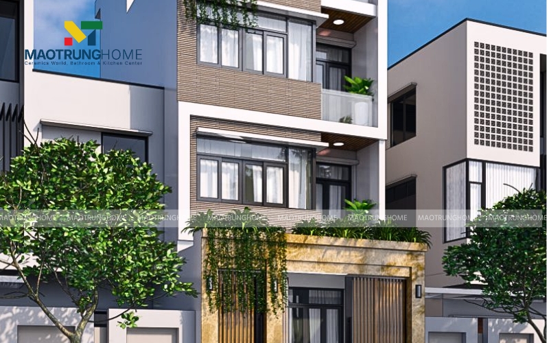 Gạch ốp mặt tiền màu trắng kết hợp nâu trung tính