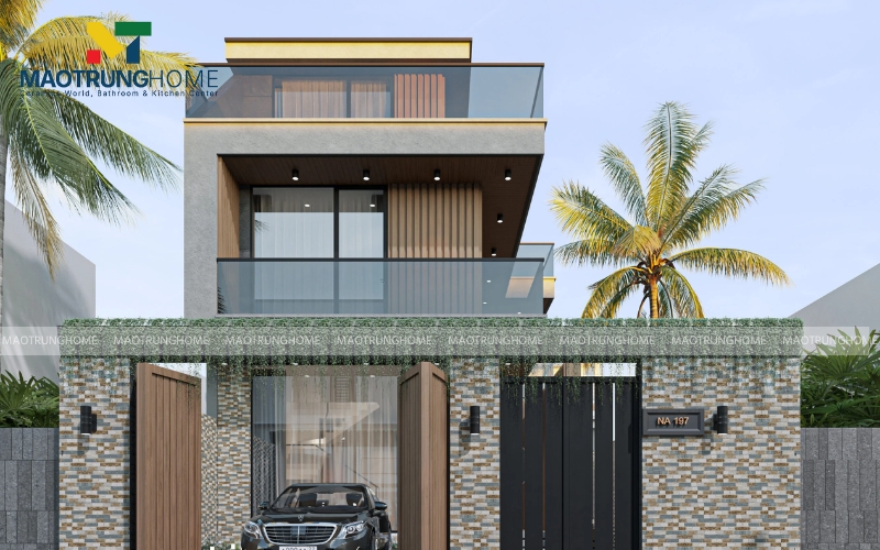 Gạch ốp mặt tiền màu nâu gỗ sang trọng