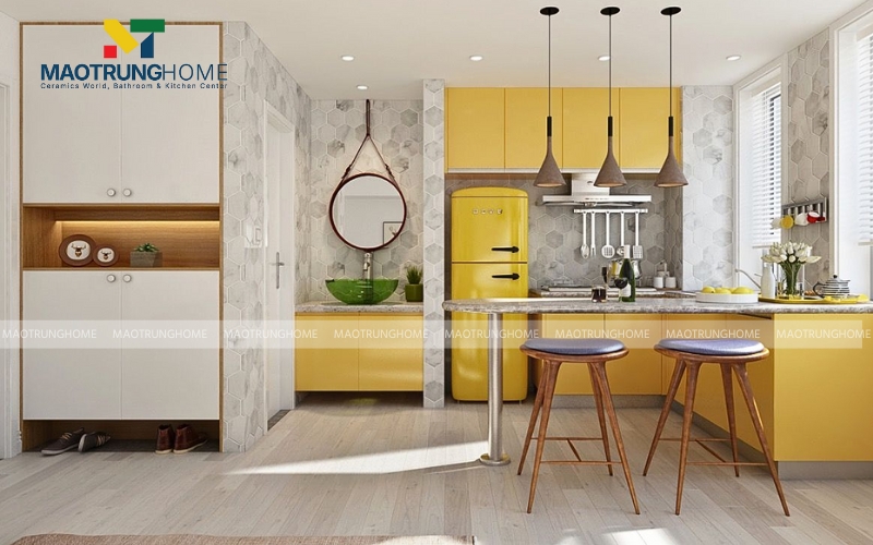 Phong cách nhà bếp Châu Âu với màu vàng chủ đạo