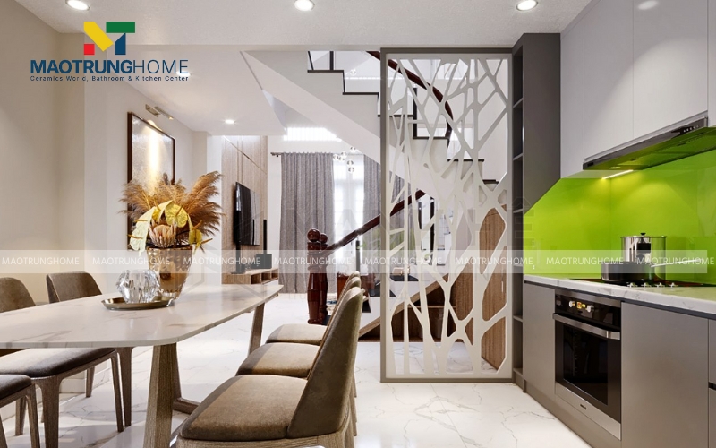 Vách ngăn CNC nhỏ màu trắng hài hòa với tổng thể ngôi nhà