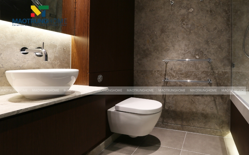 Nhà vệ sinh 4m2 phong cách Industrial với tường gạch màu tối