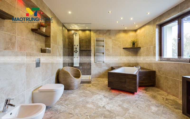 Khu vực bồn tắm bằng gỗ tự nhiên