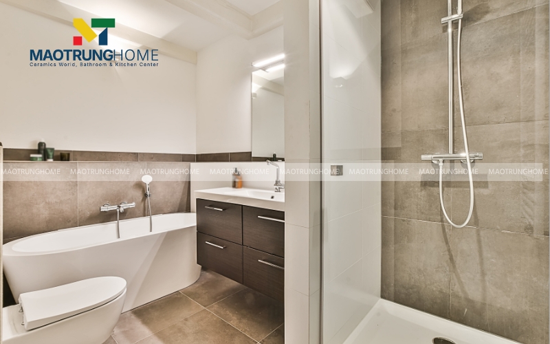 Thiết kế nhà vệ sinh 5m2 hiện đại với vách kính tắm đứng trong suốt giúp phân chia khu khô và ướt