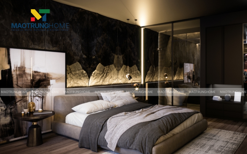 Phòng ngủ master với khối phòng tắm bằng kính trong suốt gam màu tối