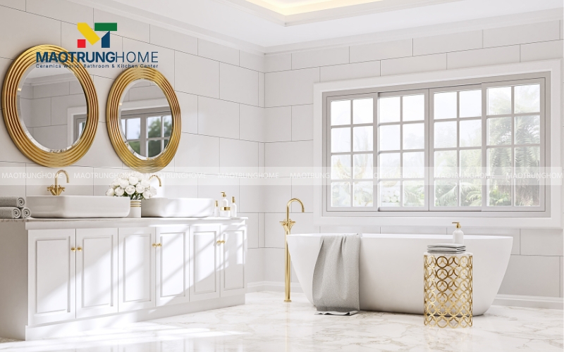 Khu vực lavabo hiện đại với bồn tắm lớn và vòi nước bằng kim loại