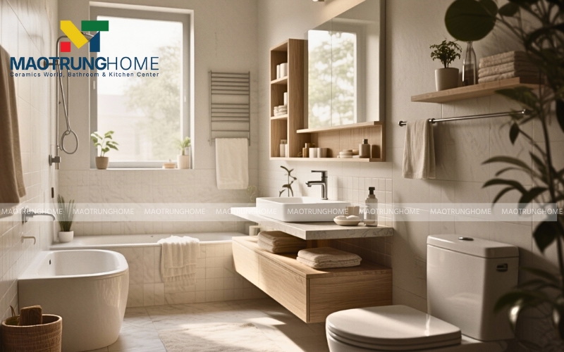 Bố trí nhà vệ sinh 2m2 tiện nghi với bồn tắm và thiết bị vệ sinh nhỏ gọn