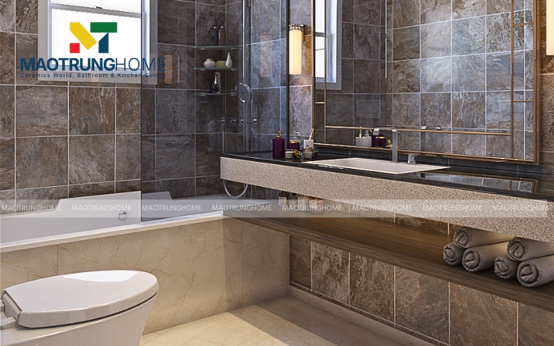 Thiết kế nhà vệ sinh tối giản với tông màu xám chủ đạo và lavabo đặt bàn