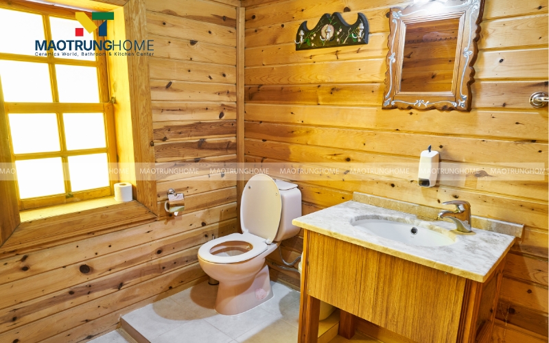 Nhà vệ sinh phong cách nhiệt đới kết hợp ốp tường giả gỗ