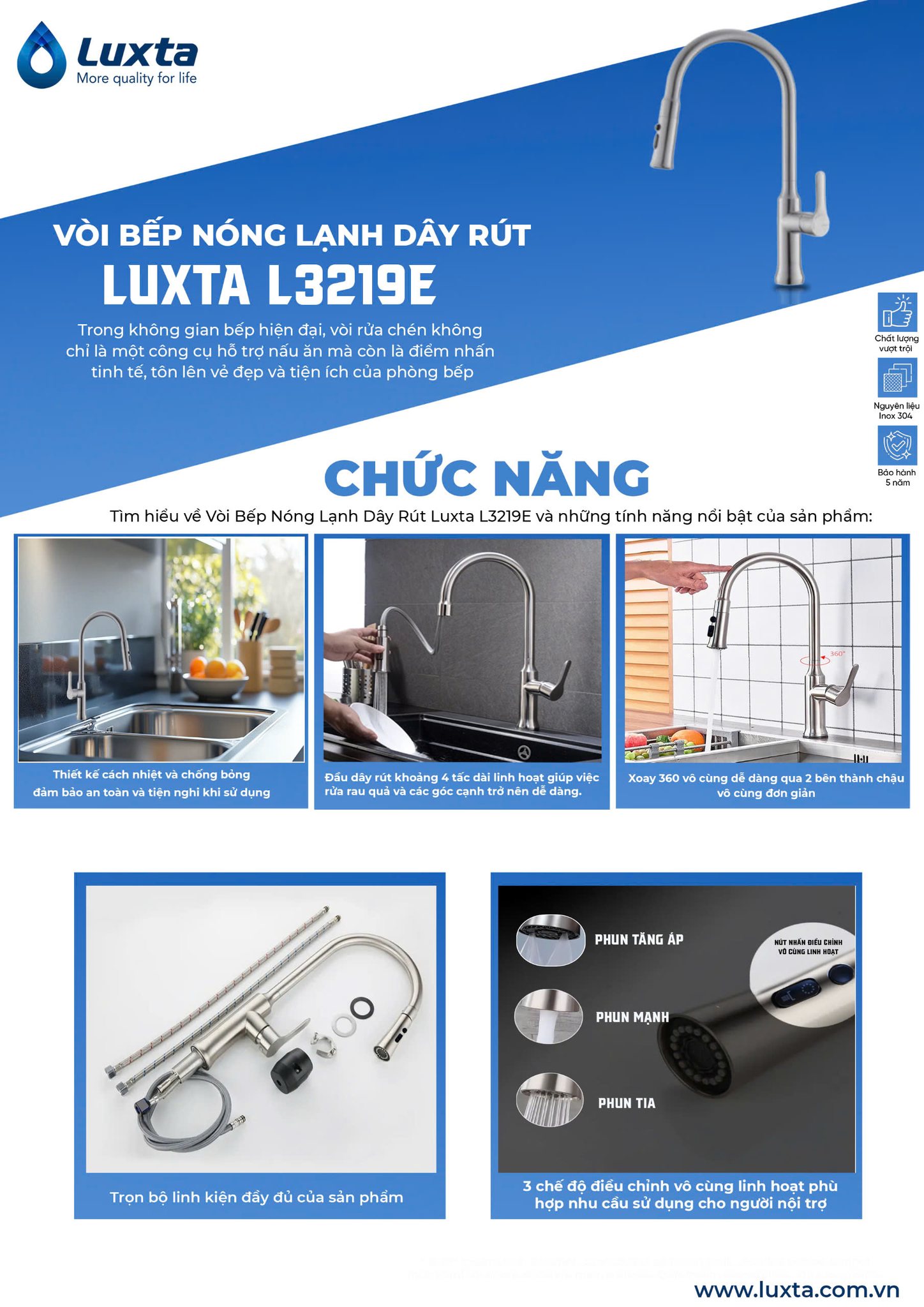 Vòi Lavabo bếp dây rút nóng lạnh LUXTA L3219E - Ảnh 3