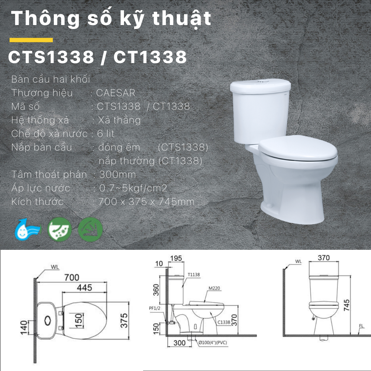 Bồn Cầu Hai Khối - CT1338 - Ảnh 6