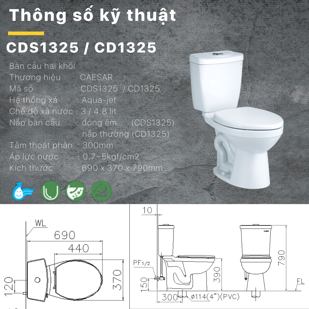 Bồn Cầu Hai Khối - CD1325 - Ảnh 6