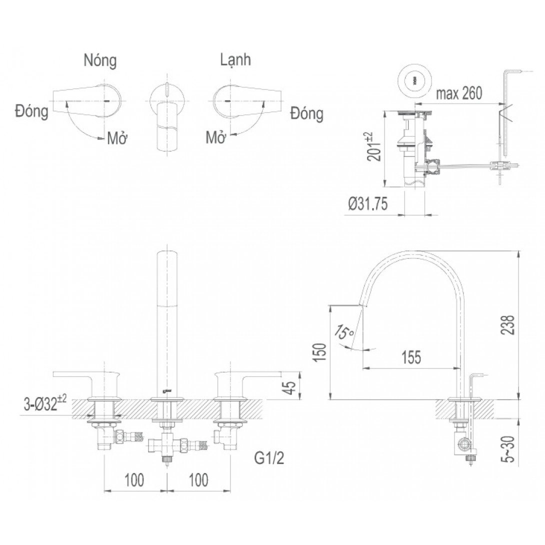 Vòi Lavabo Inax LFV-7100B (LFV7100B) Van nóng lạnh Riêng 3 lỗ - Ảnh 3