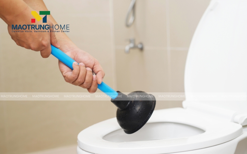 Đặt pittông vào bồn cầu sao cho miệng pittông bao trọn và bịt kín lỗ thoát nước để tạo ra áp suất