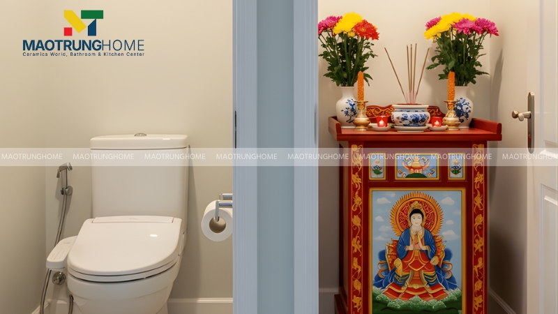 Bạn không nên đặt bồn cầu đối diện hoặc dưới khu vực phòng thờ