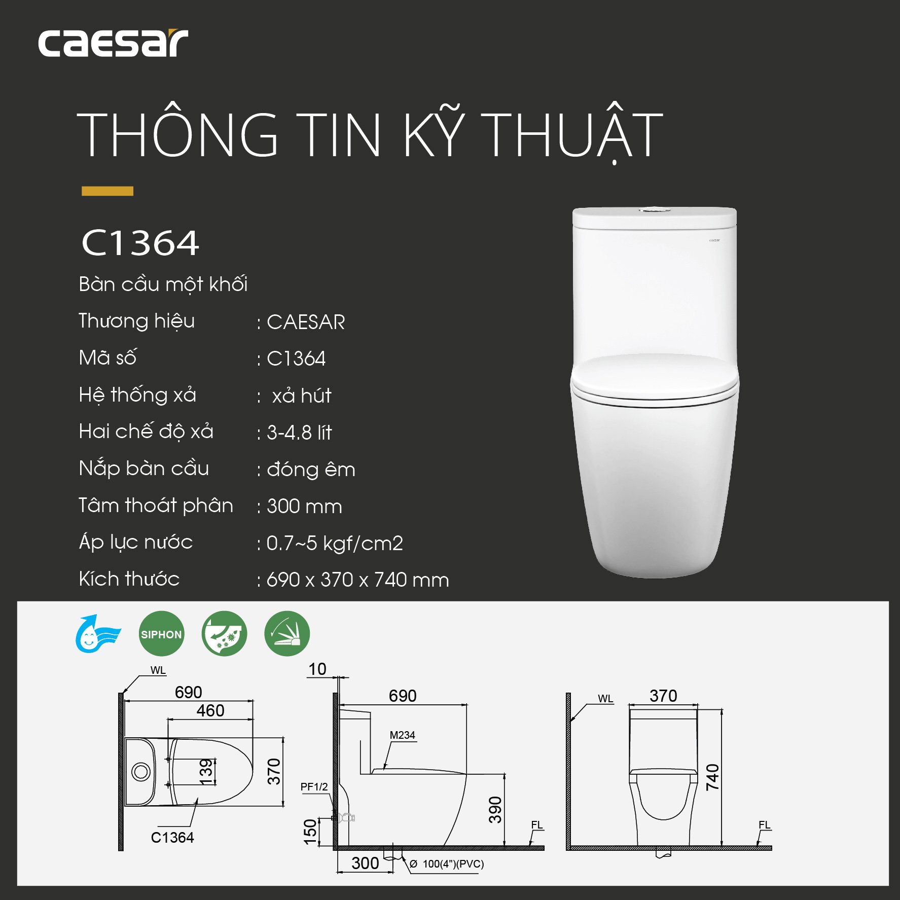 Bồn Cầu Một Khối - CD1364 - Ảnh 9