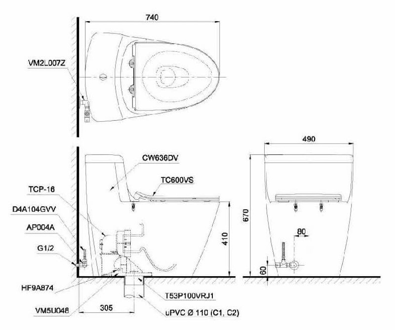 Bồn cầu một khối kèm nắp đóng êm TC600VS MS636DT8 cao cấp, chính hãng | TOTO - Ảnh 3