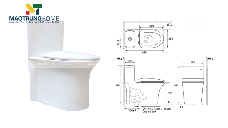 Hình minh hoạ kích thước bồn cầu 1 khối Viglacera