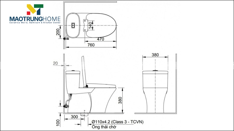 Hình minh hoạ kích thước bồn cầu 2 khối Viglacera