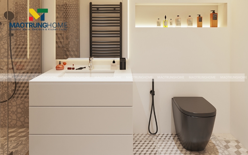 Hình ảnh nhà vệ sinh vintage với bồn cầu và tủ lavabo có thiết kế hiện đại