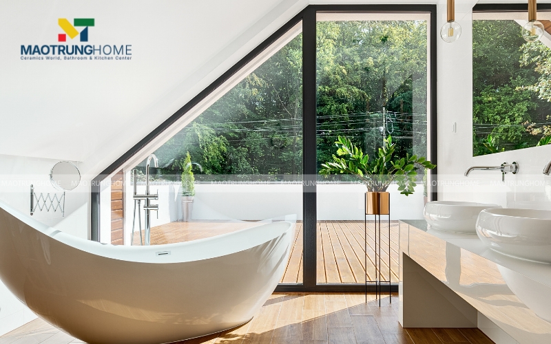 Phòng tắm phong cách Japandi với sàn gỗ