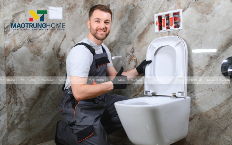 Lắp đặt thân bồn cầu và nút nhấn