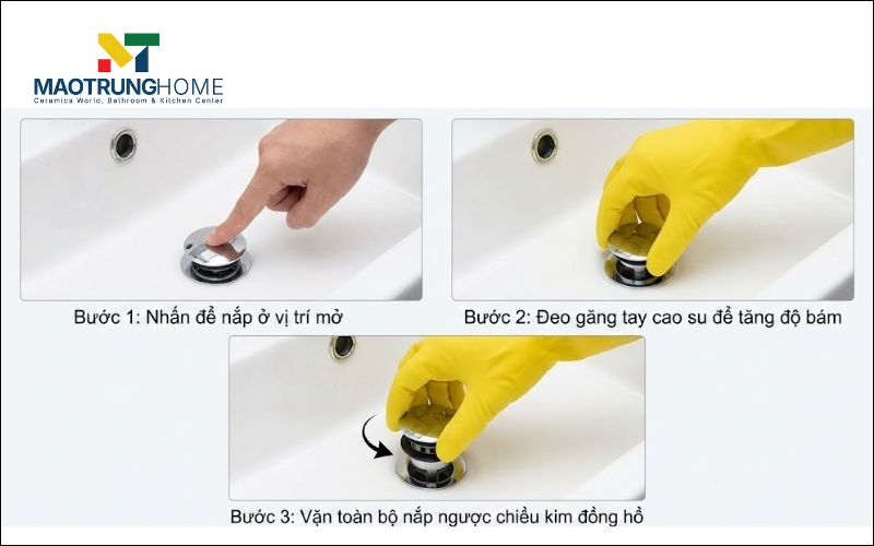 Đeo găng tay cao su để tăng độ bám, dùng tay giữ chặt phần nắp tròn