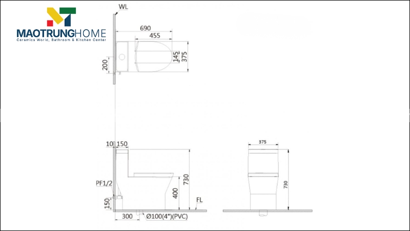 Mẫu bản vẽ kích thước bồn cầu Caesar 1 khối