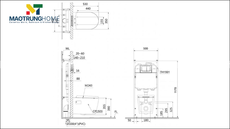Mẫu bản vẽ kích thước bồn cầu Caesar treo tường