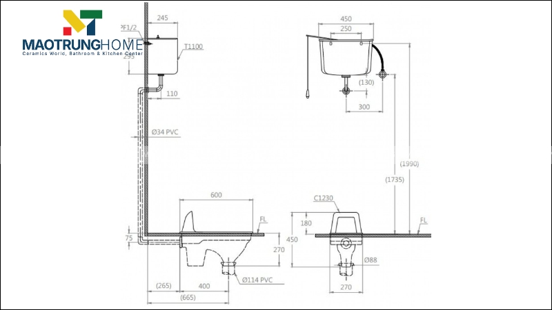 Mẫu bản vẽ kích thước bồn cầu Caesar ngồi xổm