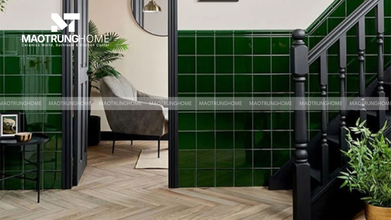 Gạch ốp tường màu xanh lá với gạch lát nền vân gỗ