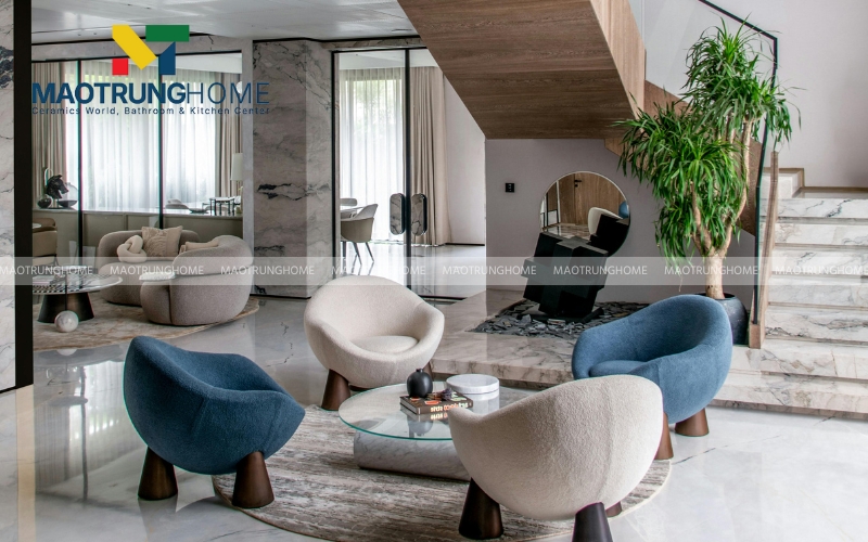 Gạch vân đá màu ghi xám sang trọng cho phòng khách hiện đại