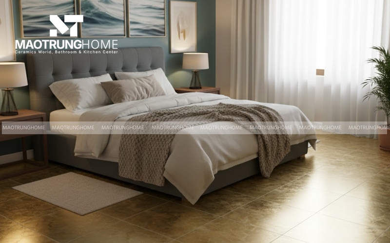 Không gian nghỉ ngơi thư thái với gạch vàng ánh kim vân đá