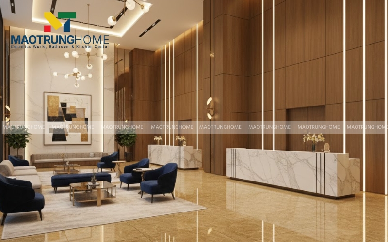 Sảnh khách sạn rực rỡ với gạch khổ lớn vàng ánh kim