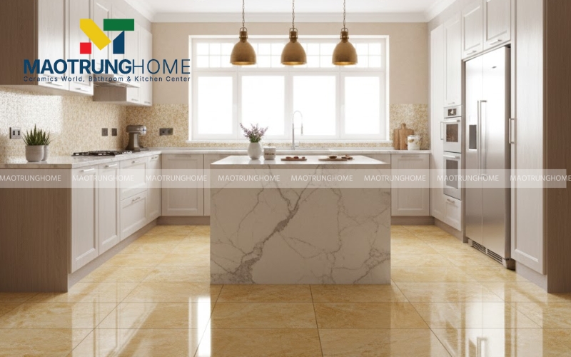 Phòng bếp hiện đại với nền gạch vàng ánh kim chống thấm