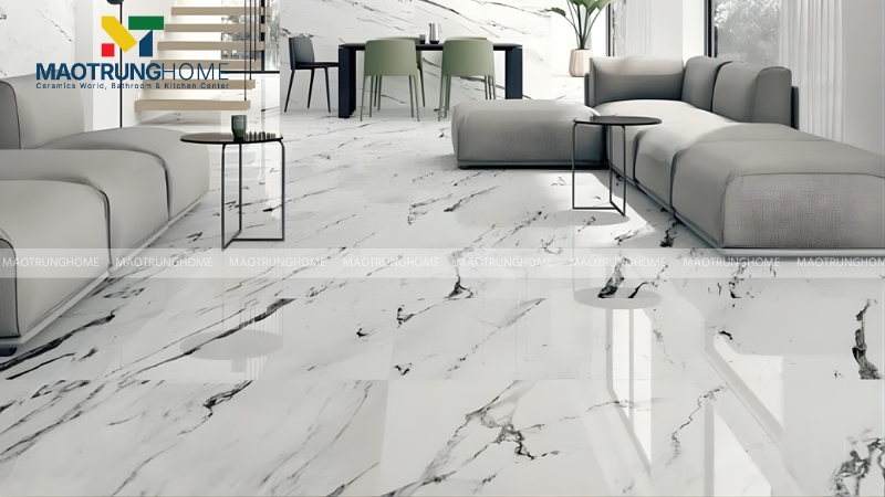 Mẫu gạch lát nền màu xám trắng cho phòng khách