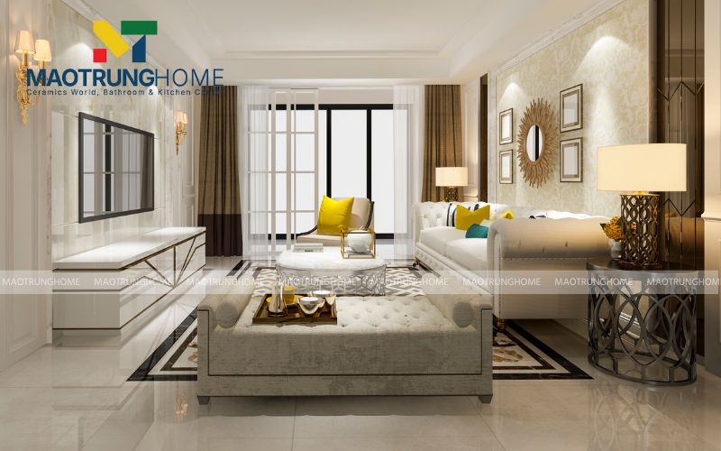 Gạch lát nền 80x80cm vân đá Marble trắng vân mây sang trọng cho phòng khách