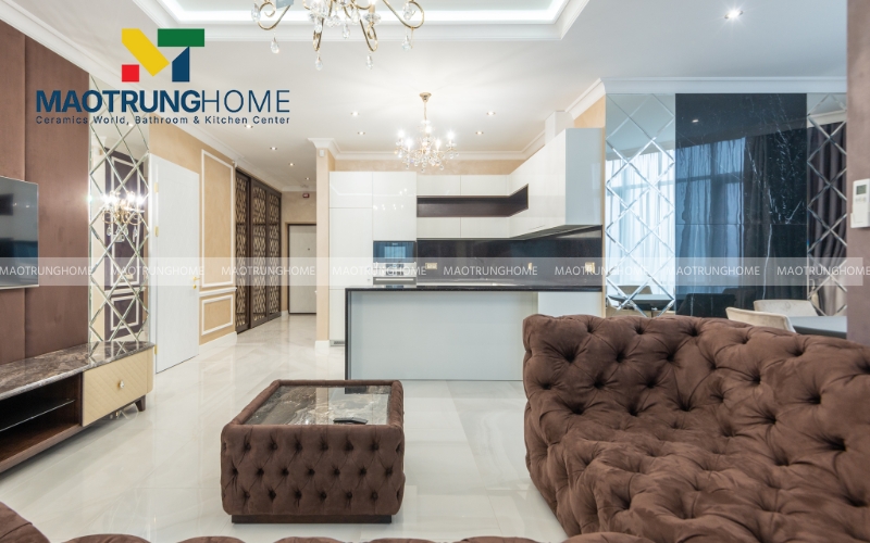 Sàn phòng khách hiện đại sử dụng gạch vân đá Marble tông trắng