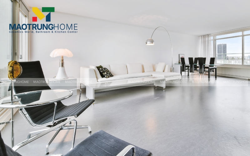 Không gian phòng khách đẳng cấp với mẫu gạch xám khói vân đá tinh tế