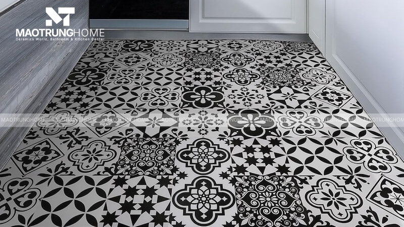 Mẫu nhà bếp và khu vực bàn ăn lát nền gạch bông