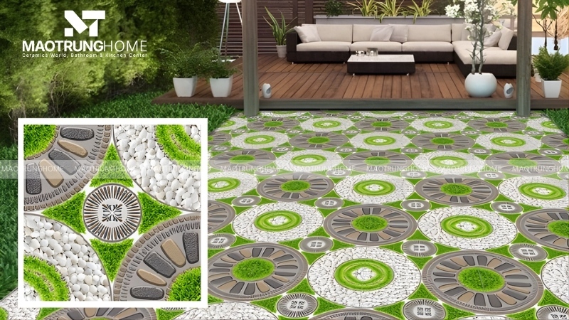 Mẫu gạch 50x50 giả sỏi và giả cỏ cho ngoại thất
