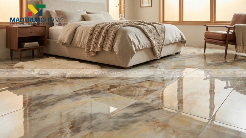 Gạch bóng kiếng vân mây rất phù hợp cho không gian phòng ngủ