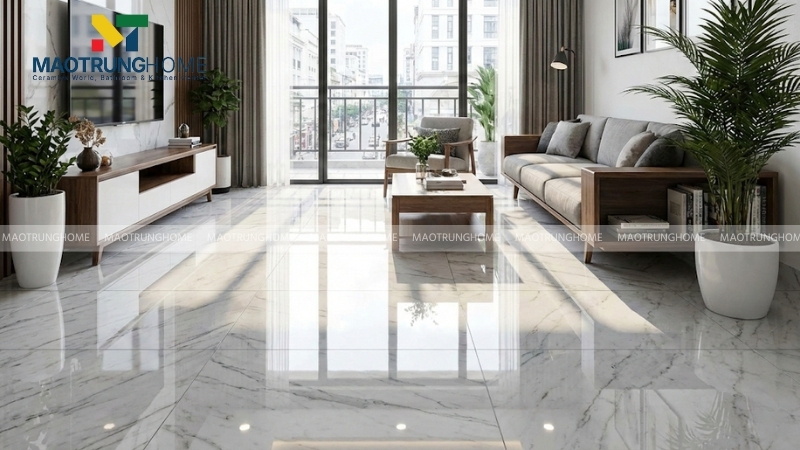 Gạch bóng kiếng vân đá Marble tạo vẻ đẹp sang trọng cho phòng khách