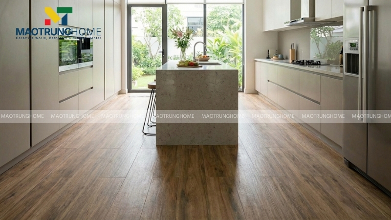 Gạch giả gỗ màu nâu mang lại cảm giác gần gũi và bình yên