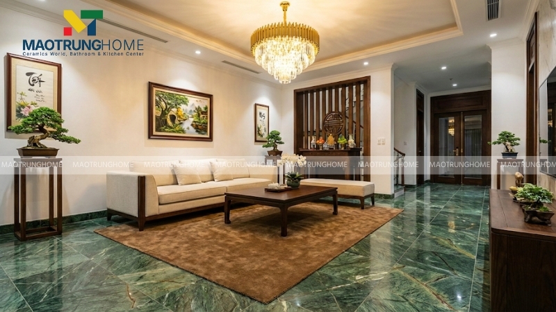 Bạn dùng thảm, sơn tường và ánh sáng để trung hòa nền gạch xanh
